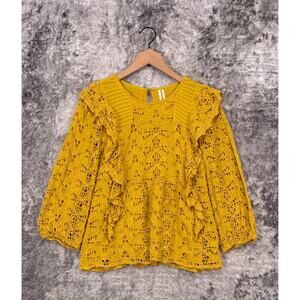 Anthropologie Top 8 Womens Yellow Eyelet Lace Ruffle Long Balloon Sleeve Blouse